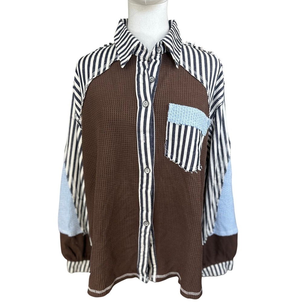 POL NWT Striped Waffle Knit Patchwork Button‎ Up … - image 3